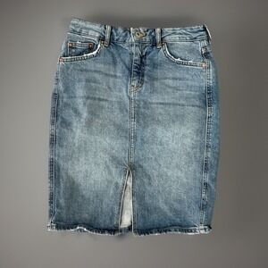 Pilcro Denim Skirt Pencil Distressed Fray Hem Stretch‎ Blue Size 2